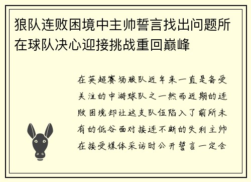 狼队连败困境中主帅誓言找出问题所在球队决心迎接挑战重回巅峰