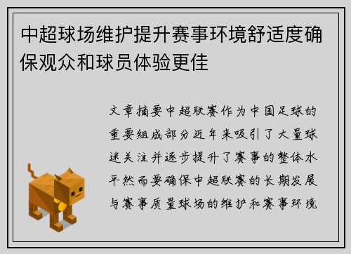 中超球场维护提升赛事环境舒适度确保观众和球员体验更佳