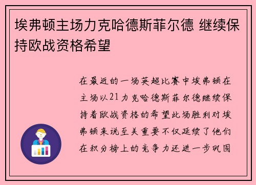 埃弗顿主场力克哈德斯菲尔德 继续保持欧战资格希望