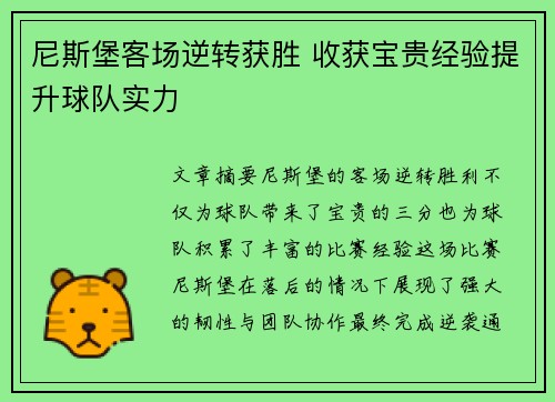尼斯堡客场逆转获胜 收获宝贵经验提升球队实力