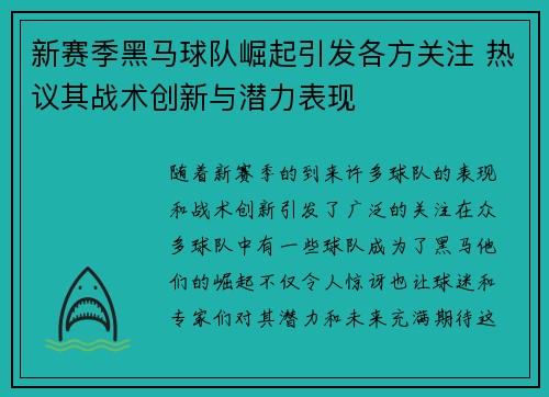 新赛季黑马球队崛起引发各方关注 热议其战术创新与潜力表现