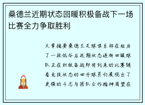 桑德兰近期状态回暖积极备战下一场比赛全力争取胜利