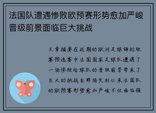 法国队遭遇惨败欧预赛形势愈加严峻晋级前景面临巨大挑战
