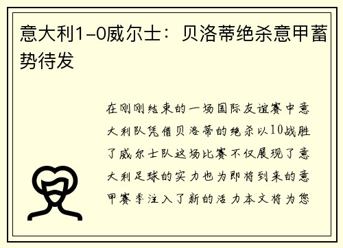 意大利1-0威尔士：贝洛蒂绝杀意甲蓄势待发
