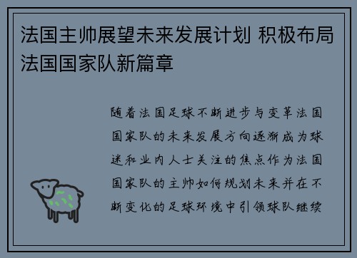 法国主帅展望未来发展计划 积极布局法国国家队新篇章