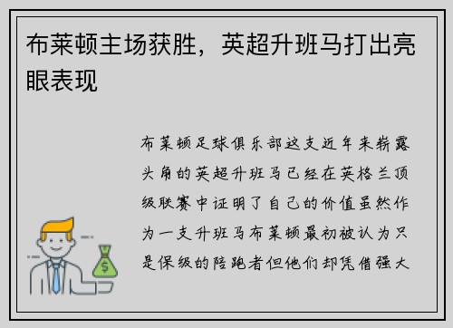 布莱顿主场获胜，英超升班马打出亮眼表现