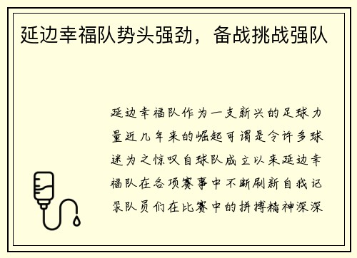 延边幸福队势头强劲，备战挑战强队