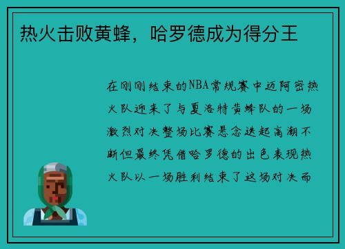 热火击败黄蜂，哈罗德成为得分王