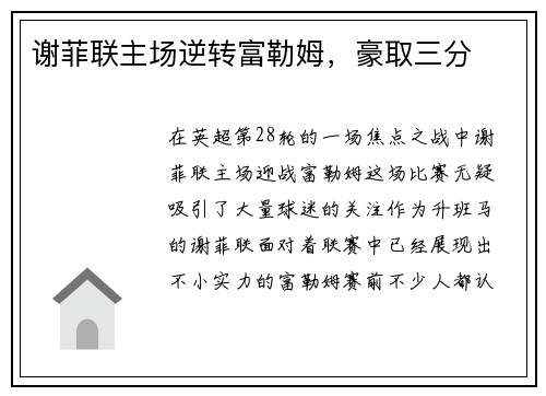 谢菲联主场逆转富勒姆，豪取三分