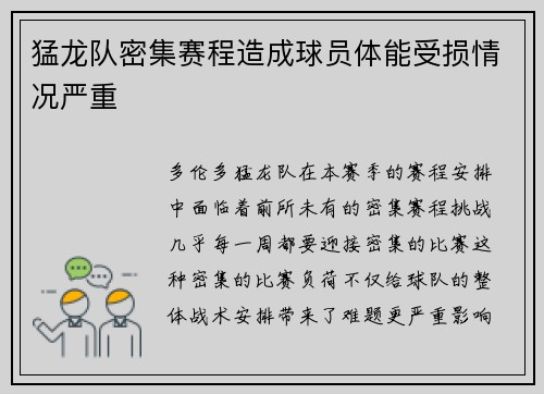 猛龙队密集赛程造成球员体能受损情况严重