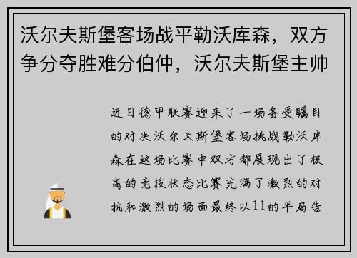 沃尔夫斯堡客场战平勒沃库森，双方争分夺胜难分伯仲，沃尔夫斯堡主帅