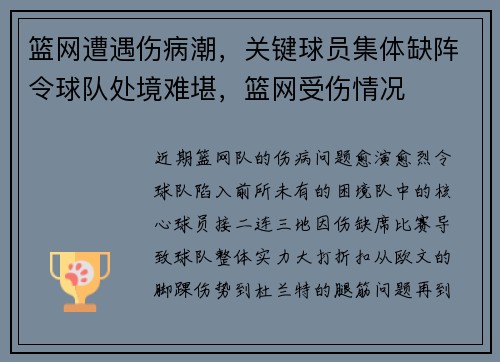 篮网遭遇伤病潮，关键球员集体缺阵令球队处境难堪，篮网受伤情况