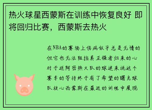 热火球星西蒙斯在训练中恢复良好 即将回归比赛，西蒙斯去热火
