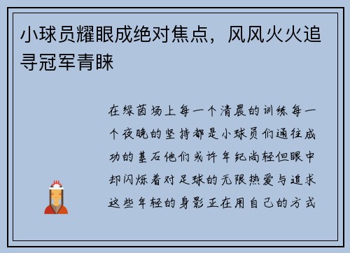 小球员耀眼成绝对焦点，风风火火追寻冠军青睐