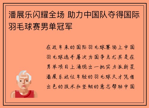 潘展乐闪耀全场 助力中国队夺得国际羽毛球赛男单冠军