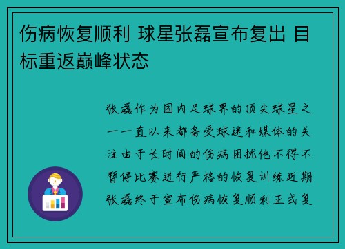 伤病恢复顺利 球星张磊宣布复出 目标重返巅峰状态