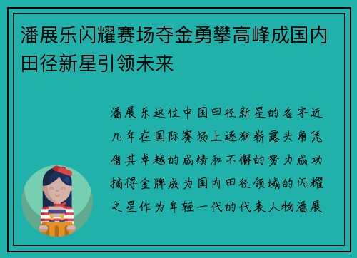 潘展乐闪耀赛场夺金勇攀高峰成国内田径新星引领未来