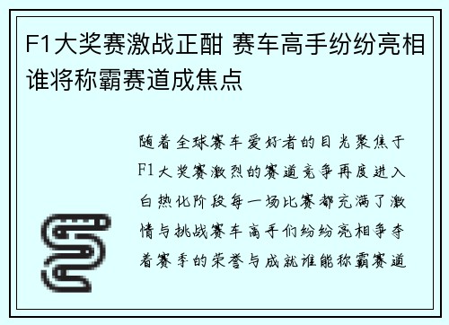 F1大奖赛激战正酣 赛车高手纷纷亮相谁将称霸赛道成焦点