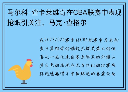 马尔科-查卡莱维奇在CBA联赛中表现抢眼引关注，马克·查格尔