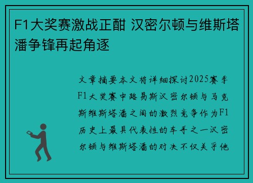 F1大奖赛激战正酣 汉密尔顿与维斯塔潘争锋再起角逐