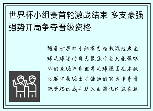 世界杯小组赛首轮激战结束 多支豪强强势开局争夺晋级资格